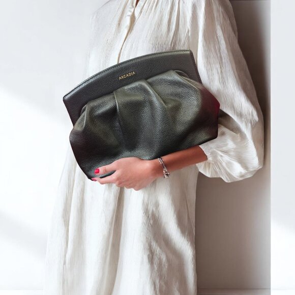 Arcadia Black Leather Clutch Bag Women’s Minimalist Fold over Evening Purse - Picture 2 of 4